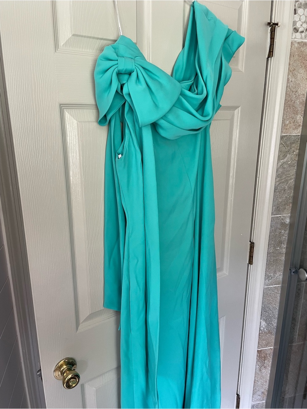 Tadashi Shoji Teal One-Shoulder Maxi Gown with Draped Knot - Picture 6 of 7
